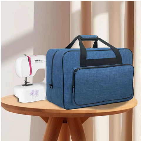 Universal Sewing Machine Carry Case With Thick Padded Handles For Household Models, blue water-resistant fabric bag.