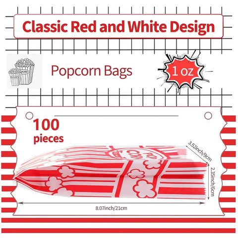 100 Pack 1 Oz Popcorn Bags For Popcorn Machines And Movie Nights, classic red and white design, food grade paper