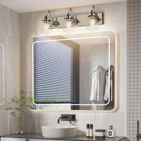 Chrome Vanity Light Fixture For Bathroom Three Light Farmhouse Style Over Mirror With Clear Glass Shades Bulbs Not Included Modern Wall Lighting And Easy Install above bathroom mirror
