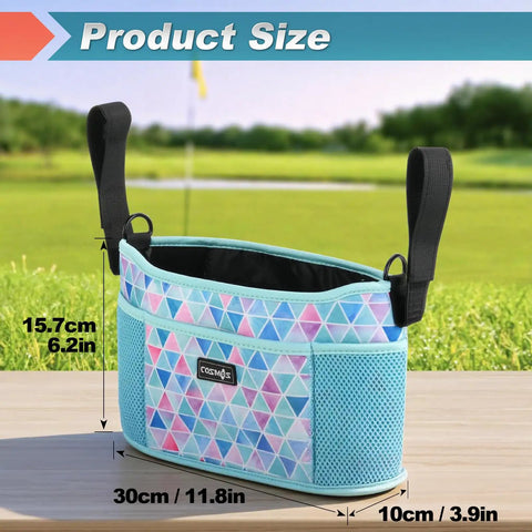 Ultimate Golf Push Cart Organizer Bag With Drink Holders, Zippered Pockets, Adjustable Pouch in Aqua Geometric on golf course