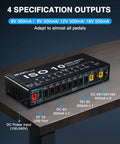 Guitar Pedal Power Supply For Your Rig With 10 Isolated Outputs And USB Port 9V 12V 18V Adjustable Rails on a wooden surface.