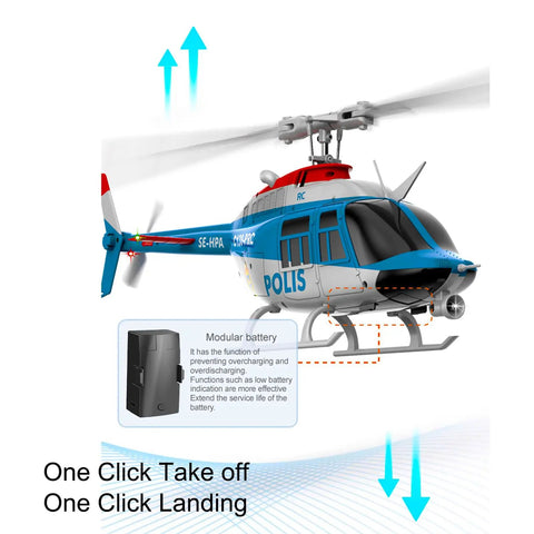 C138Pro 206 Remote Controlled Helicopter for Adults and Beginners with 6CH, modular battery, police design, takeoff landing arrows.