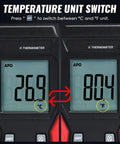 K Type Thermometer With Two Thermocouple Probes, Wide Range From -328F To 2501F, Backlit LCD Display showing temperature unit switch