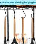Heavy Duty 3.5 Inch S Hooks Set of 24 Black Metal S Shaped Hooks for Hanging Plants Towels Pans Bags Utensils and More on Closet Rods Racks and Wire Shelves shown on wire shelf with utensils hanging
