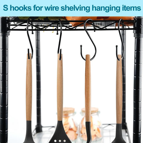 Heavy Duty 3.5 Inch S Hooks Set of 24 Black Metal S Shaped Hooks for Hanging Plants Towels Pans Bags Utensils and More on Closet Rods Racks and Wire Shelves shown on wire shelf with utensils hanging