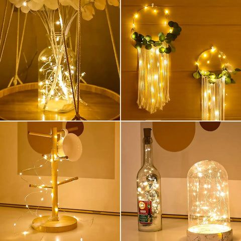Six Pack Battery Operated Fairy Lights With 7 Foot Copper Wire And 20 LEDs Per String Warm White Firefly String Lights For Mason Jars Indoor Outdoor Decor Party Wedding Halloween Thanksgiving displayed in various decorative setups