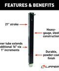 Heavy Duty Fifth Wheel Landing Gear Follow Leg Universal Replacement With Snap Pin, Durable Powder Coated Drop Leg, 29.5 Inch Fit For RVs, Black Easy Install, Includes Snap Pin with black steel construction showcasing features and benefits.