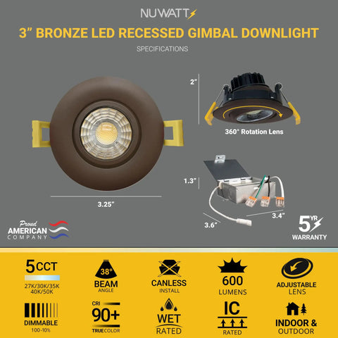 3 Inch Canless LED Recessed Downlight Kit 4 Pack With Gimbal Trim Easy Install Dimmable Five Color Temps 2700K To 5000K