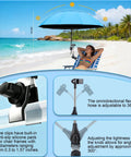 Hassle Free 360 Rotate Beach Chair Umbrella With Upf 50 Plus Sun Shield For Deck Or Golf Cart Take It Easy With Deep Cool Shade Using This Clip On Foldable Canopy Cover Sky Blue, showcasing adjustable 49 inch canopy.