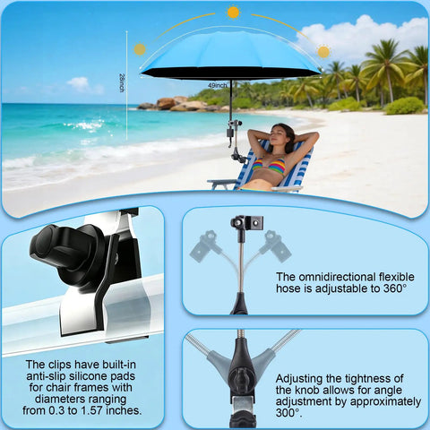 Hassle Free 360 Rotate Beach Chair Umbrella With Upf 50 Plus Sun Shield For Deck Or Golf Cart Take It Easy With Deep Cool Shade Using This Clip On Foldable Canopy Cover Sky Blue, showcasing adjustable 49 inch canopy.
