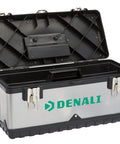 Heavy Duty Steel Tool Box With Metal Latches, Removable Tray With Compartments, 20 Inch Black Storage Chest for Garage and Workshop