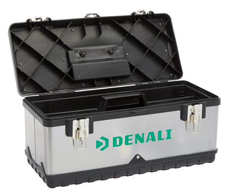 Heavy Duty Steel Tool Box With Metal Latches, Removable Tray With Compartments, 20 Inch Black Storage Chest for Garage and Workshop