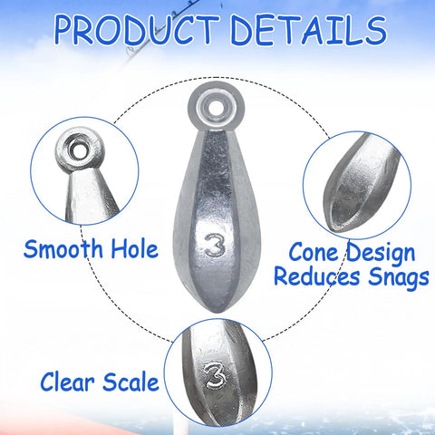 Bullet Fishing Sinkers Weights Set details showing a 3oz sinker with smooth hole, cone design, and clear scale for surf casting.