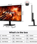 22 Inch Gaming Monitor With 1080p Full HD, 100Hz Refresh, VA Panel, Adaptive Sync, shown with dimensions and what's in the box