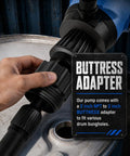 No Sweat Electric Drum Pump For 55 Gallon Barrels With Dual 120V AC And 12V DC Power 5 GPM showing buttress adapter connection.