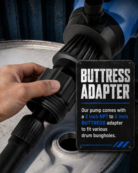No Sweat Electric Drum Pump For 55 Gallon Barrels With Dual 120V AC And 12V DC Power 5 GPM showing buttress adapter connection.