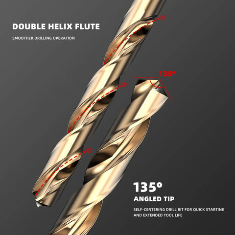 Heavy Duty 13 Piece Cobalt Drill Bit Set With Titanium Coating For Tough Jobs Like Metal Wood And Plastic Quick Hex Shank Design That Cuts Through Steel Fast Without Heat Buildup Perfect For Any Pro or DIY Guy Looking For Reliable High Speed Bits Right. double helix flute, 135° angled tip