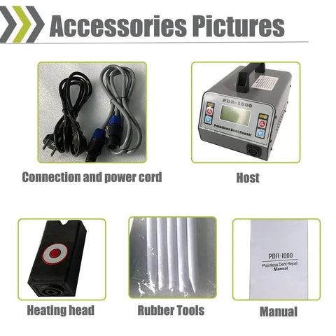 Components of Paintless Dent Repair Kit With Induction Heater For Quick Dent Removal, 1000W PDR Tool shown with cords and manual
