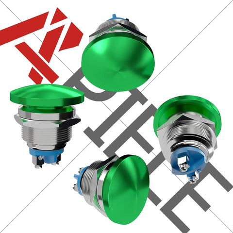 Green 22mm Mushroom Head Push Button Switch Momentary IP65 Waterproof with screw terminal, close-up view