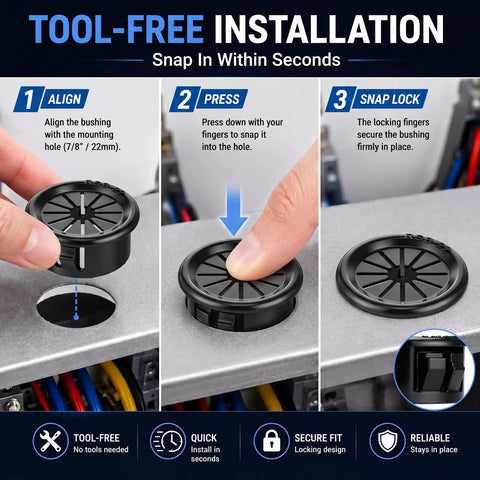 250 Pack Flexible Shutter Bushings Nylon Wire Grommets For Tight Cable Control With No Sweat Setup And Slick Cord Routing On Half Inch Electrical Boxes Plus Conduit Panels, showing the tool-free installation process.
