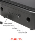 Back view of Exos Home Speaker with optical input, headphone jack, and power button, labeled ports for connectivity.