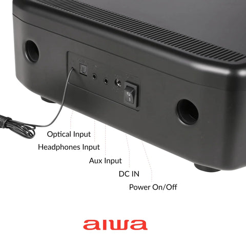 Back view of Exos Home Speaker with optical input, headphone jack, and power button, labeled ports for connectivity.