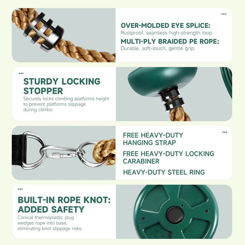 Features of Heavy Duty Kid Friendly Climbing Rope Swing Kit With Platforms And Disc Seat For Tree Or Swing Set Fun Outdoor Gear Built To Last With 220 Pound Capacity Includes Bonus Hanging Strap And Carabiner Easy Install