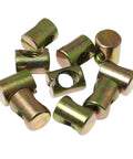 Pack Of Twelve M8 X 15mm Galvanized Barrel Nuts With Pozidriv Top Drive For Heavy Duty Furniture Build, close-up view of barrel nuts.