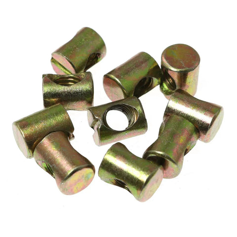 Pack Of Twelve M8 X 15mm Galvanized Barrel Nuts With Pozidriv Top Drive For Heavy Duty Furniture Build, close-up view of barrel nuts.
