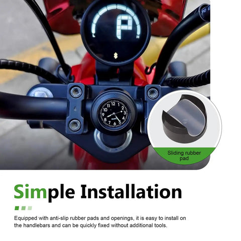 Motorcycle Handlebar Clock Waterproof Anti Vibration Ride Ready Timepiece with retro dial on a motorcycle handlebar installation.
