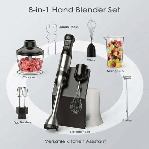 Powerhouse 1200W 8-In-1 Hand Blender With 5-Speed Precision Control Immersion Stick Mixer Set Featuring Pure Copper Motor on storage rack with attachments.