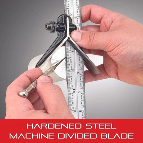 Hands using Beefy Pro Grade Steel Combination Square With Square Head And Center Head, 12 Inch Blade, showing hardened steel blade.