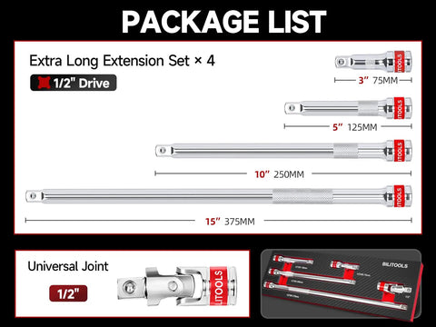 5 Piece One Half Inch Drive Socket Extension Set With Universal Joint For Tight Spaces Auto Repair And Home Improvement Premium Pro Grade Durable Steel Built For Tough Spots And Easy Access, 4-piece extension sizes shown
