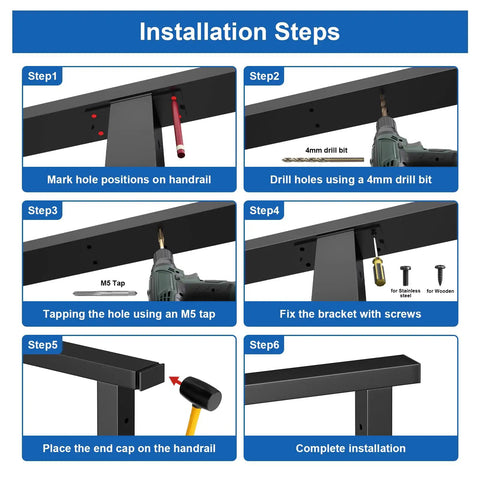 Installation steps for Beefy Stainless Steel Cable Railing Handrail 6 ft 6 in Black Rectangular Flat Top Rail With End Caps