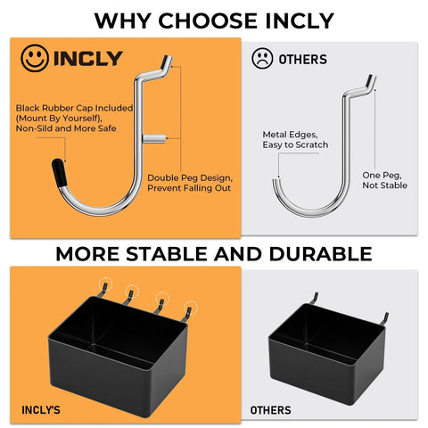INCLY 120-piece pegboard accessories kit with metal hooks and black bins for 1/8–1/4 in pegboard storage