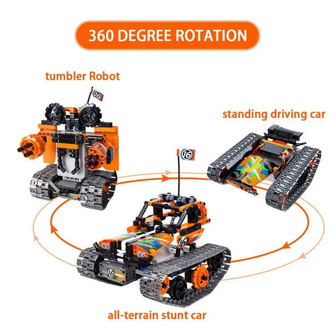 3-In-1 STEM RC Building Kit With Tracked Car, Robot, And Tank, 2.4GHz Rechargeable Remote, Kid-Approved Engineering Toy Set For Ages 8 To 14, 392 Pieces Of Hands-On Science Fun. 360-degree rotation display of tracked robot and car