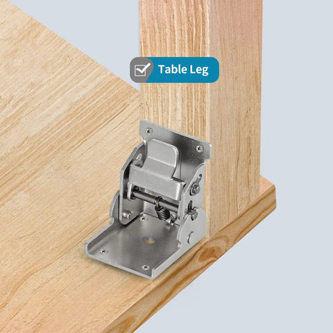 Close-up of Heavy Duty Folding Brackets For Table Legs And Wall Shelves With Self Locking Hinges installed on wooden table leg.