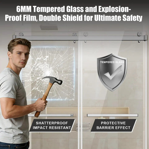 Frameless Sliding Bathtub Shower Door 60 X 60 Inch with Clear Tempered Glass shown with impact-resistant features.