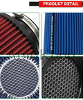 Snap This Slick 3 Inch Cone Air Filter Onto Your Rig Using A Rock Solid Clamp On Mount And Honeycomb Mesh Top Design For A Fully Washable Reusable Tapered Pod Filter Built Tough For Street Or Track In Blue, featuring red and blue designs.