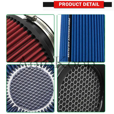 Snap This Slick 3 Inch Cone Air Filter Onto Your Rig Using A Rock Solid Clamp On Mount And Honeycomb Mesh Top Design For A Fully Washable Reusable Tapered Pod Filter Built Tough For Street Or Track In Blue, featuring red and blue designs.