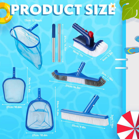 Pro Pool Cleaning Kit With Aluminum Adjustable Pole, 3 Skimmer Nets And 3 Rotating Brushes For Above Ground Pools, size chart