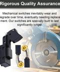 Dead Nuts Reliable SW77 Aftermarket Circular Saw Trigger Switch rated at 20 Amps with spare carbon brushes shown on a workbench.
