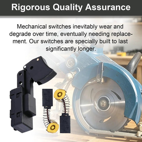 Dead Nuts Reliable SW77 Aftermarket Circular Saw Trigger Switch rated at 20 Amps with spare carbon brushes shown on a workbench.
