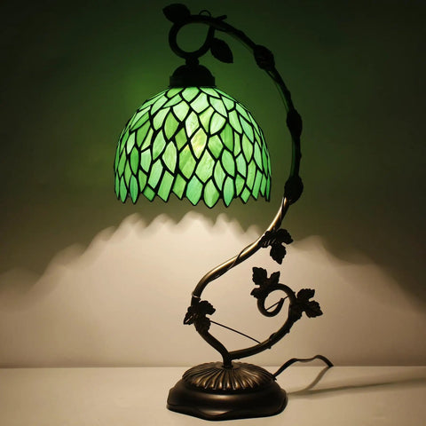 Green Tiffany Style Stained Glass Desk Lamp With Wisteria Pattern, 21 Inch Tall Table Light, Metal Leaf Base In Bronze Finish