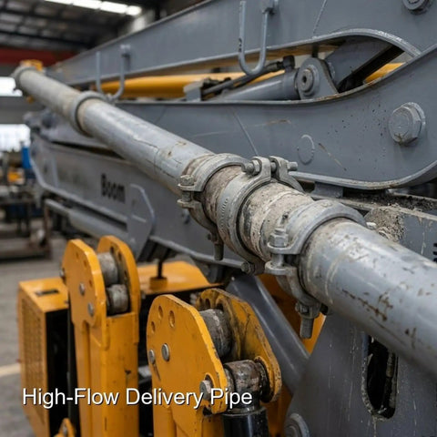 Concrete Placement Boom With Hydraulic System For Bridge Deck Pouring And Road Construction, Industrial Slabs, Warehouse Projects, And Civil Engineering Works, Heavy Duty Beefed Up Concrete Conveying Rig For Your Worksite. high-flow delivery pipe close-up