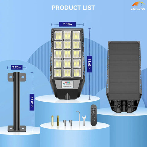Solar Outdoor Flood Lights 6500K Dusk To Dawn with Motion Sensor and Remote Control Waterproof Security Street Lighting for Yard Parking Lot Porch Garage or Garden Ultra Bright 5730 LED Beads 2 Pack, product dimensions and components displayed.