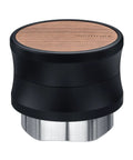 Real Deal Gravity Coffee Distributor And Puck Leveler For Espresso Portafilters With Five Blade Base, black body with walnut top design.