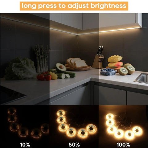 12V Warm White COB LED Strip Light Kit with 6.56Ft length illuminating kitchen counter with fruits and vegetables