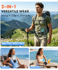 Portable Waist Fan With 6 Speed Turbo Airflow And 15000 RPM, shown in use on a hiker and as a neck and desktop fan.