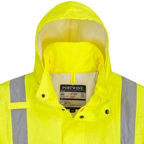 Front view of Long Men's Hi Vis Rain Jacket ANSI Class 3 Yellow With Reflective Strips Pack Away Hood Storm Flap 4X-Large